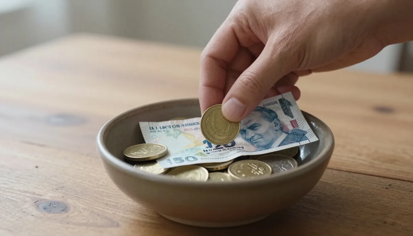 Bütçe notları, kalem ve çay bardağı