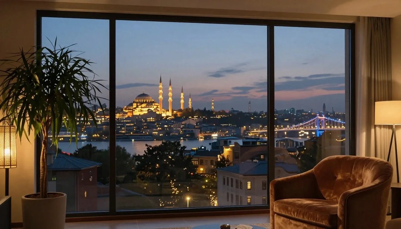 Masa üzerinden akşam İstanbul manzarası